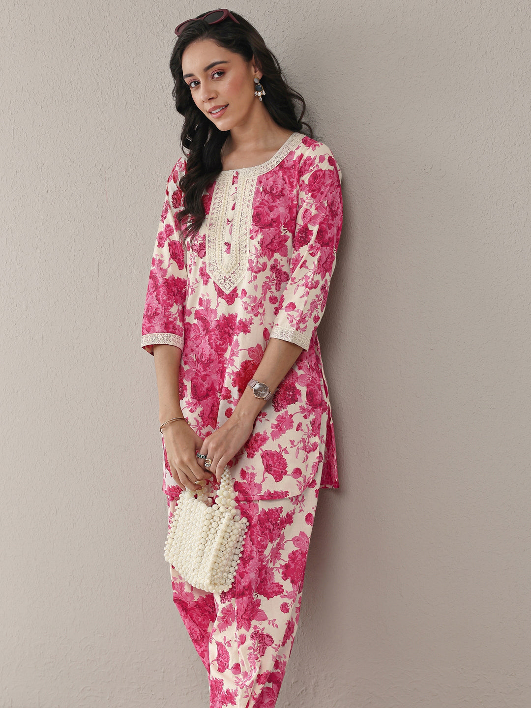  Pink Floral Printed Cotton Straight Kurta Set 