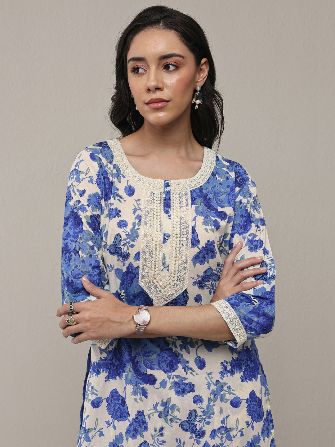  Blue Floral Printed Cotton Straight Kurta Set 