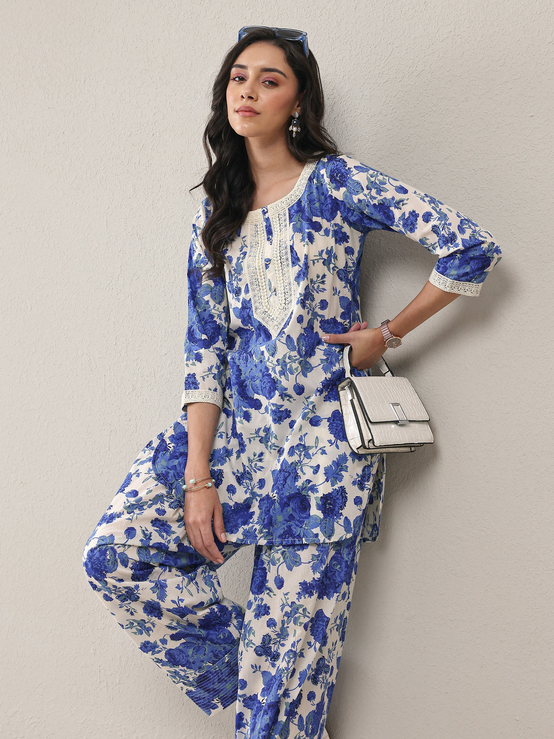  Blue Floral Printed Cotton Straight Kurta Set 