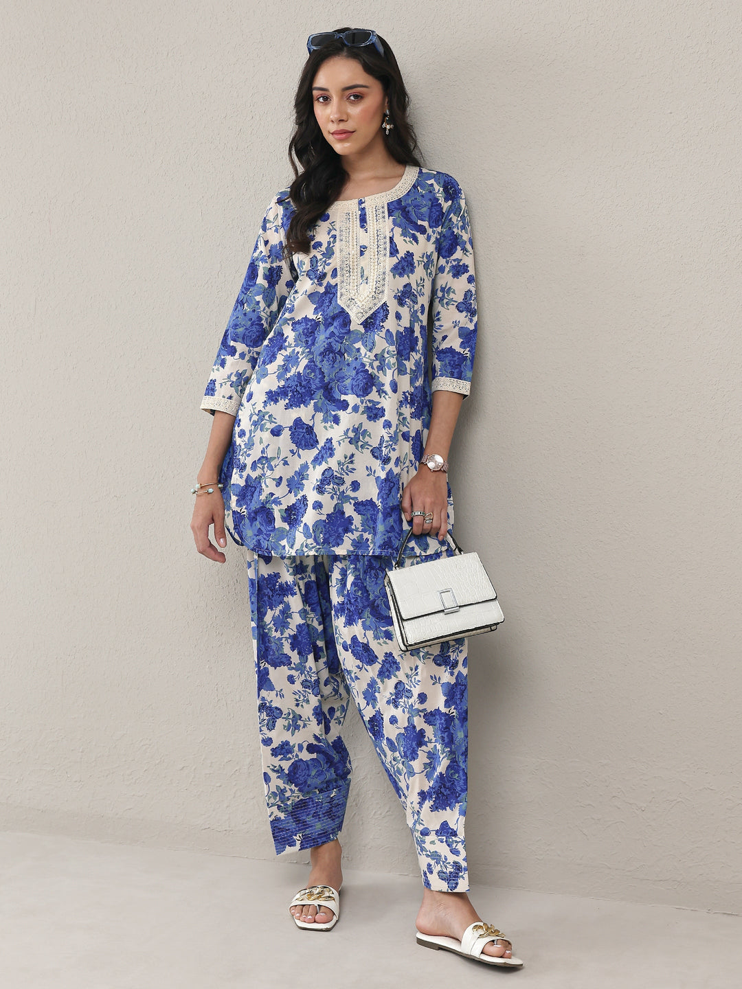  Blue Floral Printed Cotton Straight Kurta Set 