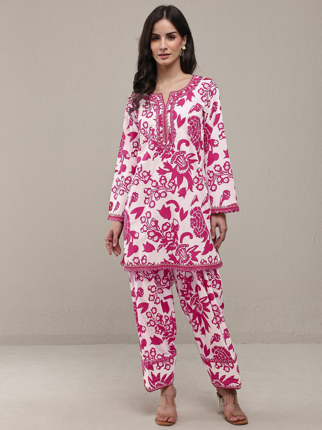  Pink Floral Printed Cotton Straight Kurta Set 