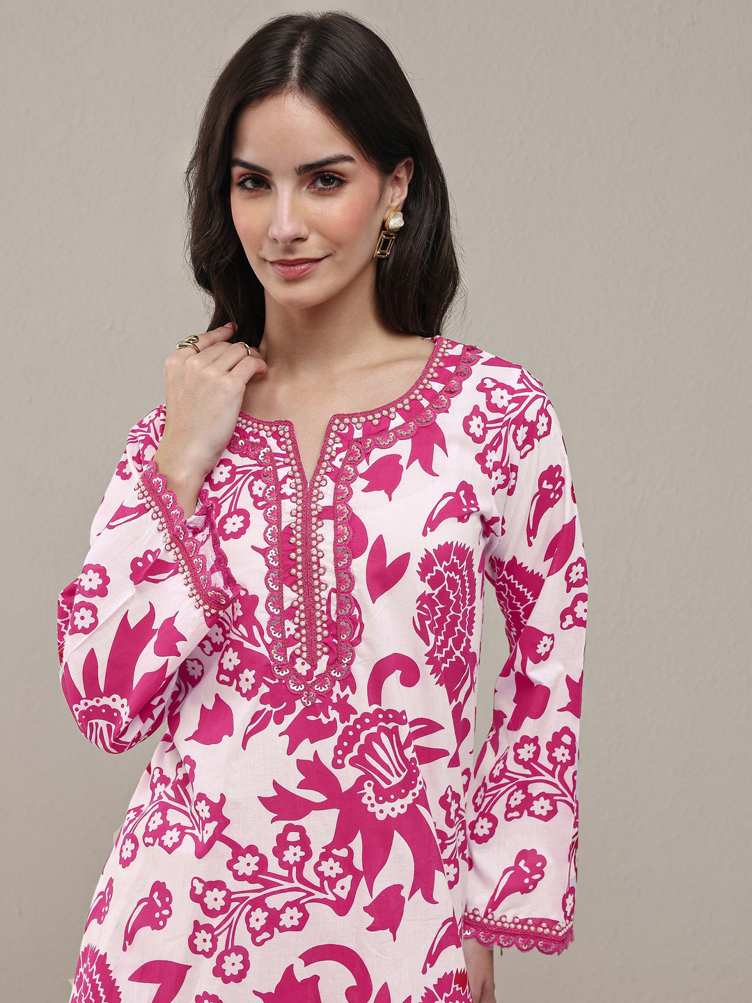  Pink Floral Printed Cotton Straight Kurta Set 