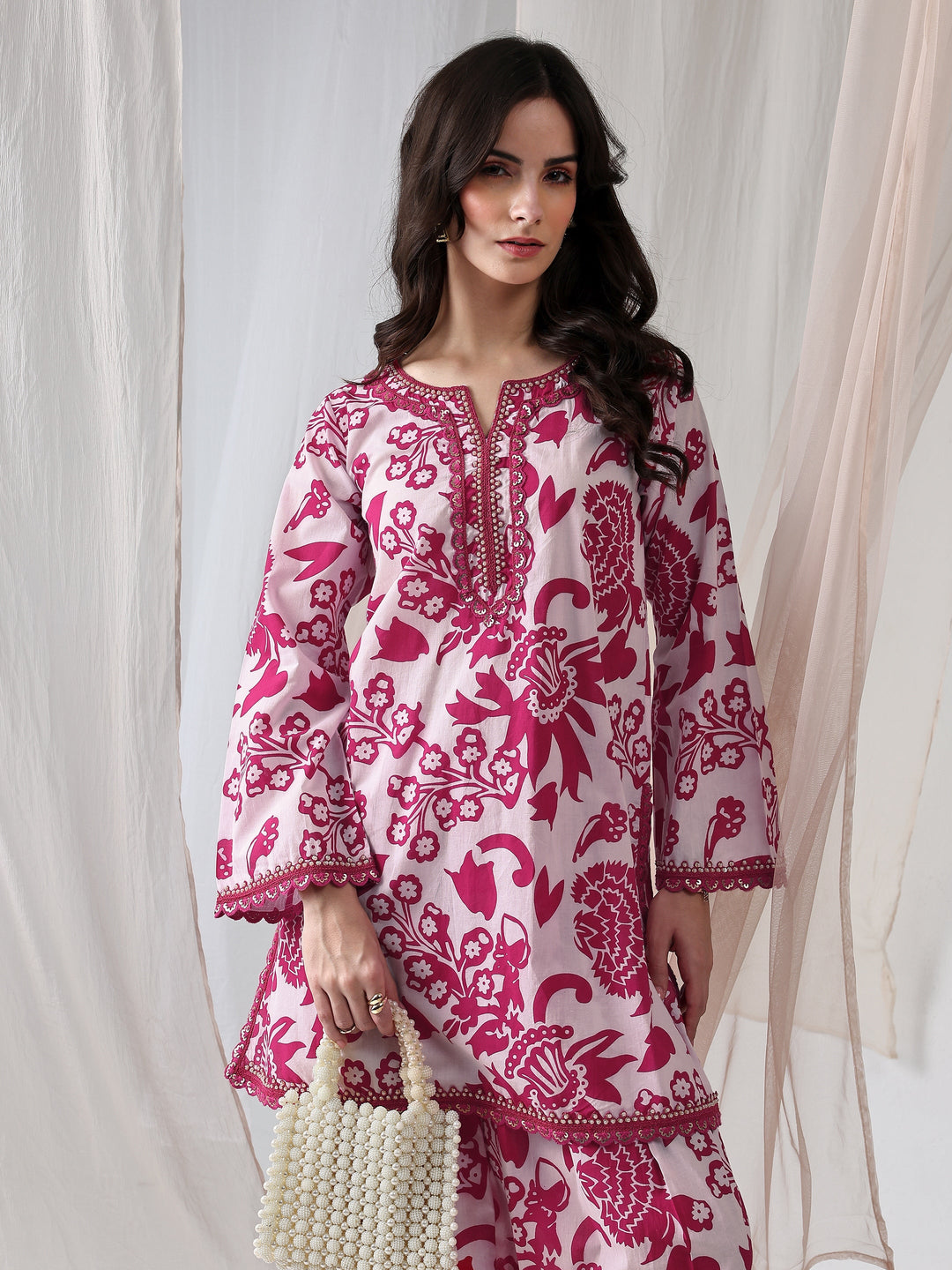  Pink Floral Printed Cotton Straight Kurta Set 