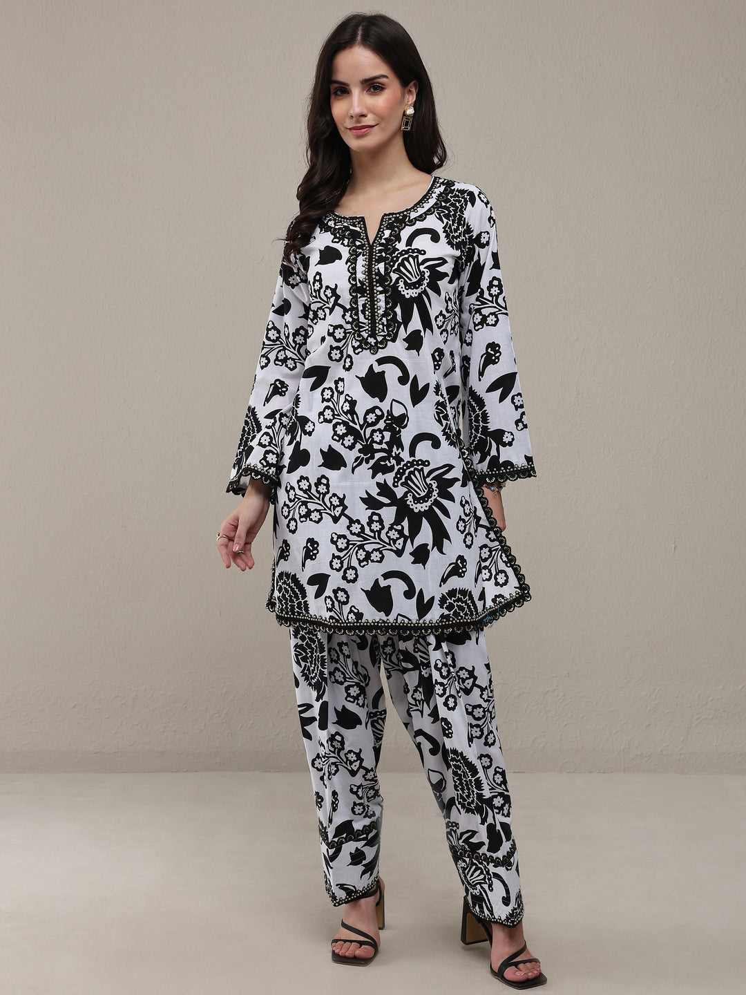  Black Floral Printed Cotton Straight Kurta Set 