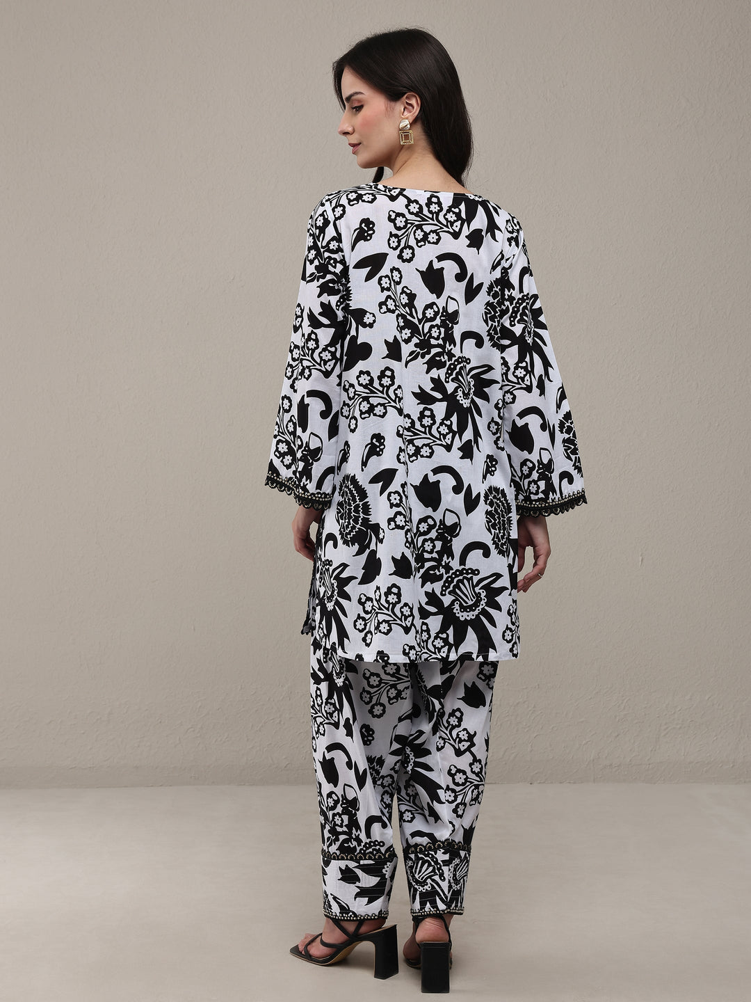  Black Floral Printed Cotton Straight Kurta Set 