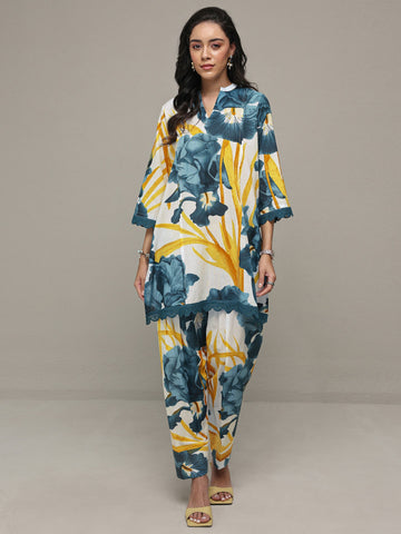 Libas Blue Floral Printed Cotton Farshi Salwar Kurta Set