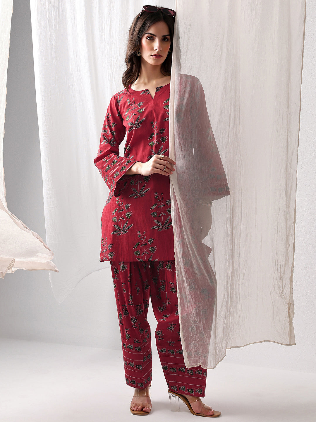  Pink Floral Printed Cotton Straight Kurta Set 
