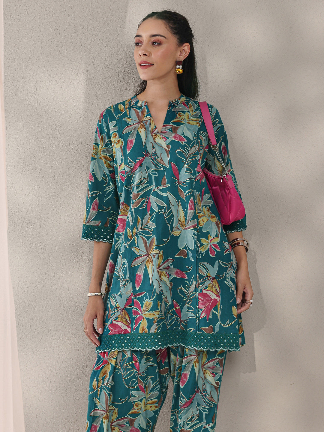 Blue Floral Printed Cotton Straight Kurta Set 