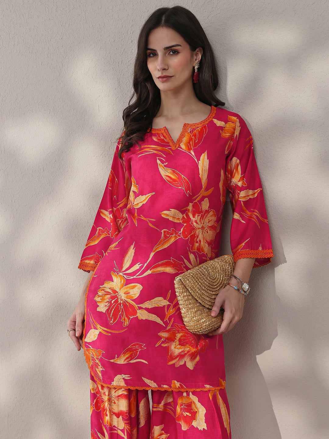 Pink Floral Printed Silk Blend Straight Kurta Set 