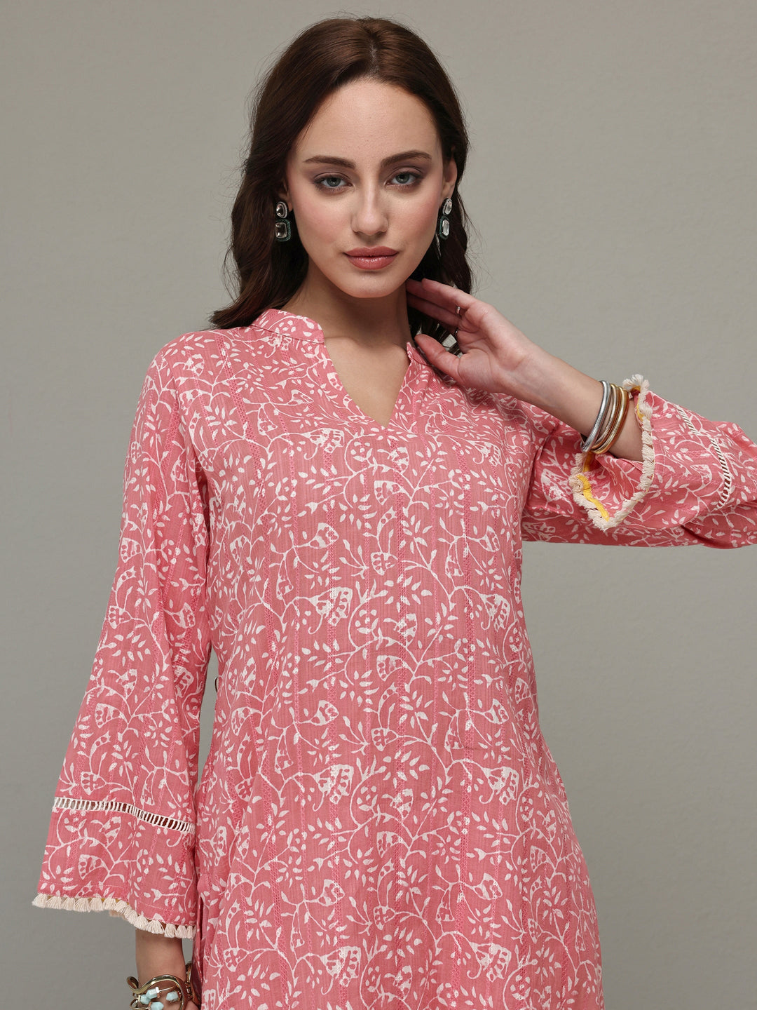  Pink Floral Printed Cotton Straight Kurta Set 