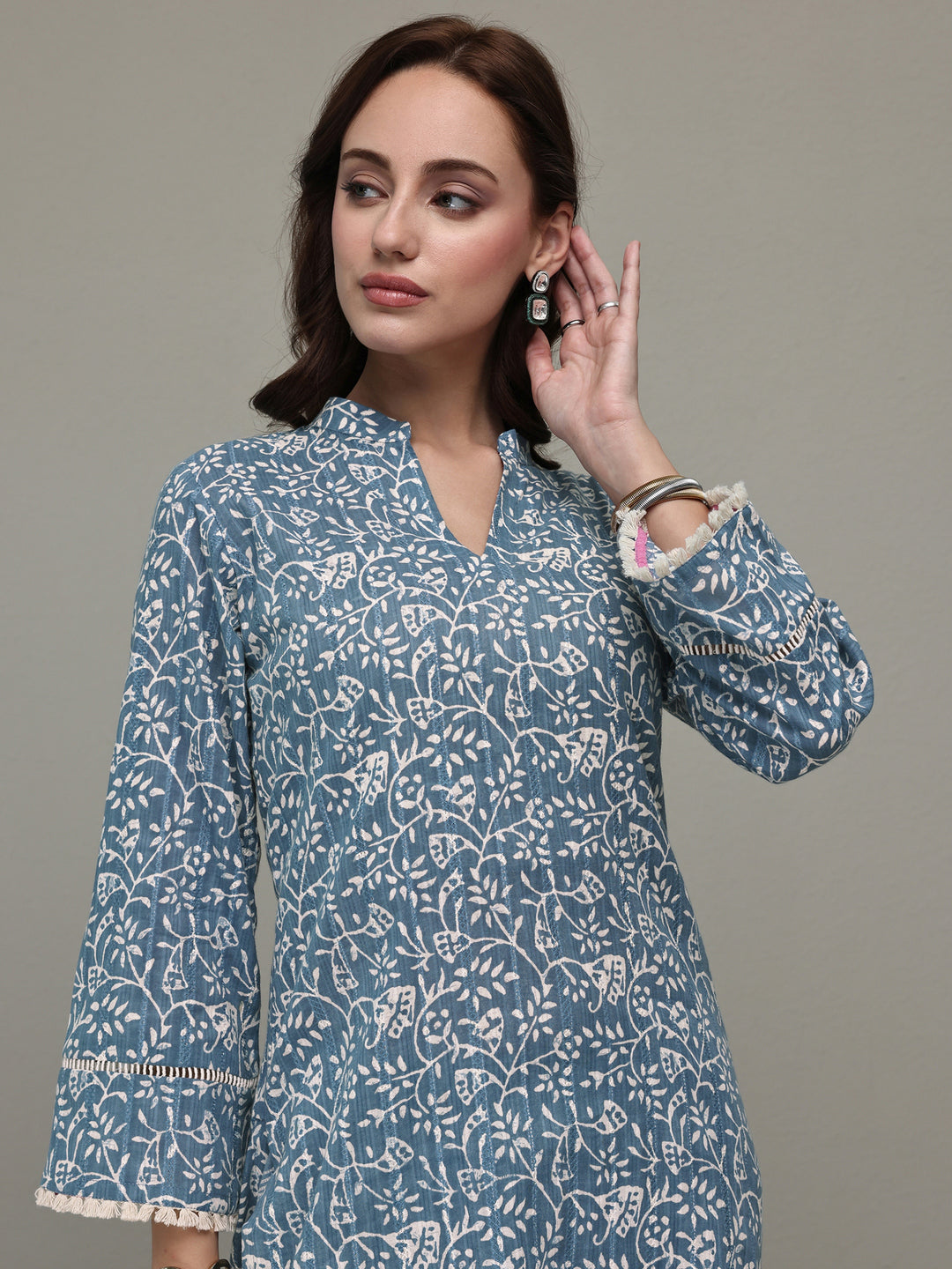  Blue Floral Printed Cotton Straight Kurta Set 
