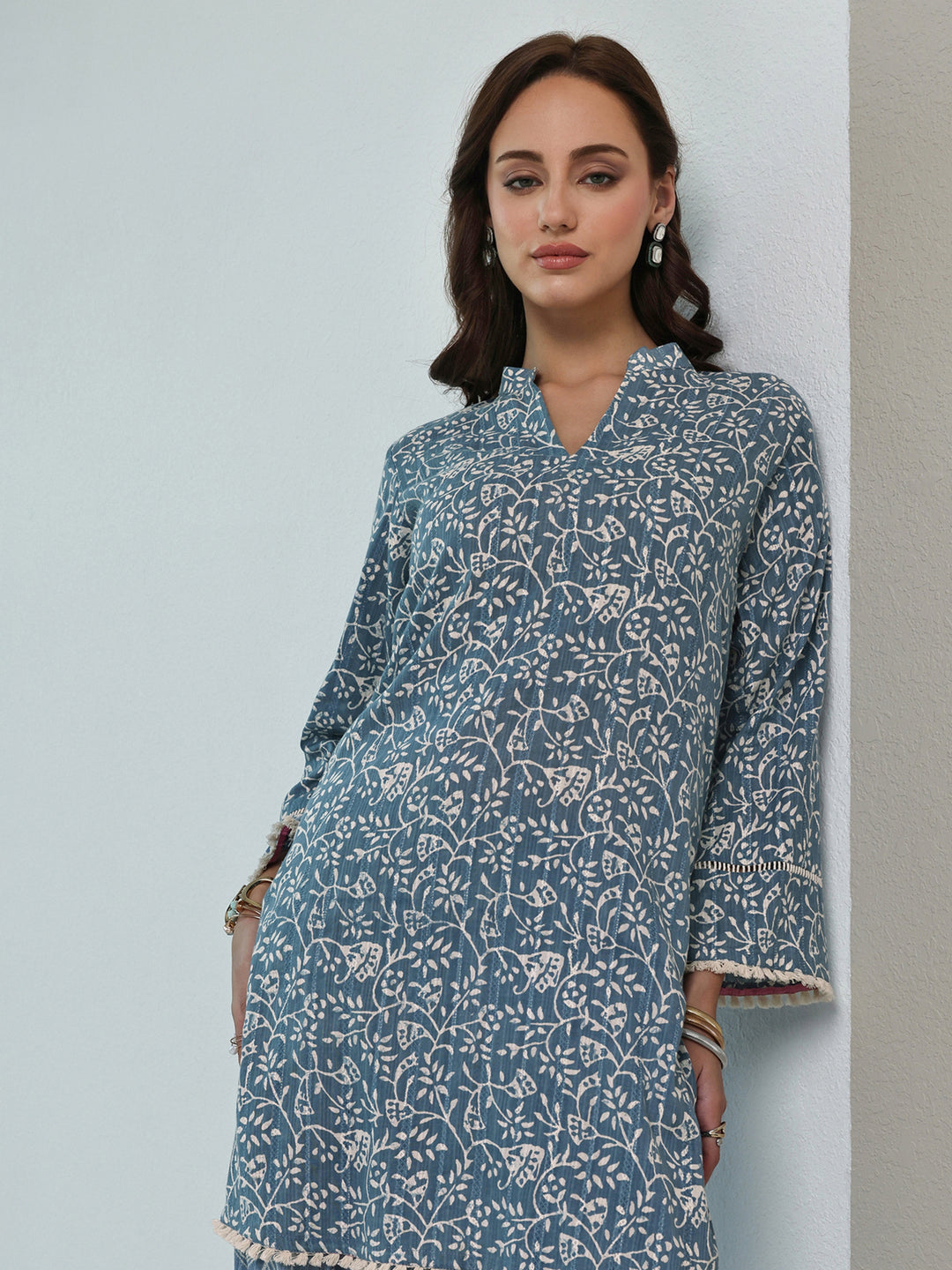  Blue Floral Printed Cotton Straight Kurta Set 