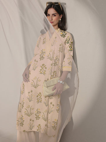 Off White Floral Printed Cotton Straight Kurta Set