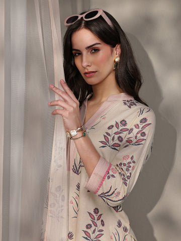 Libas Beige Floral Printed Cotton Straight Kurta Set