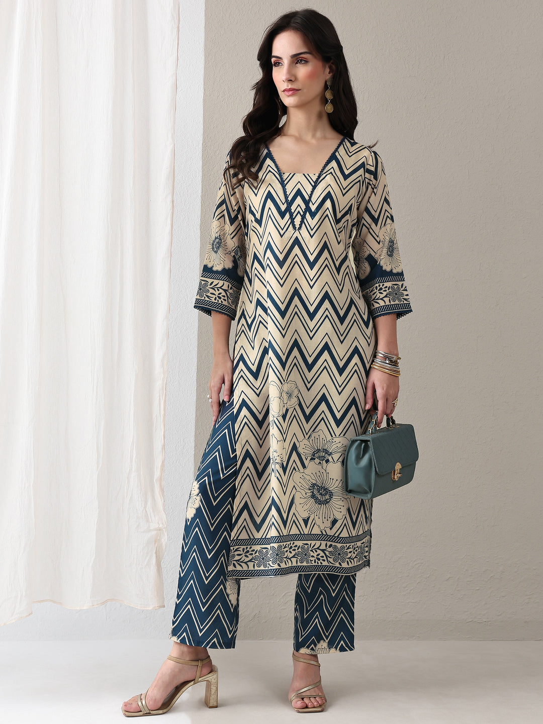  Blue Chevron Printed Cotton Blend Straight Kurta Set 