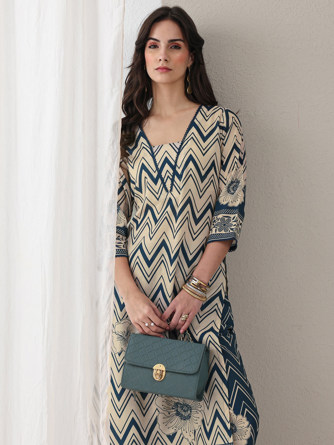 Blue Chevron Printed Cotton Blend Straight Kurta Set 