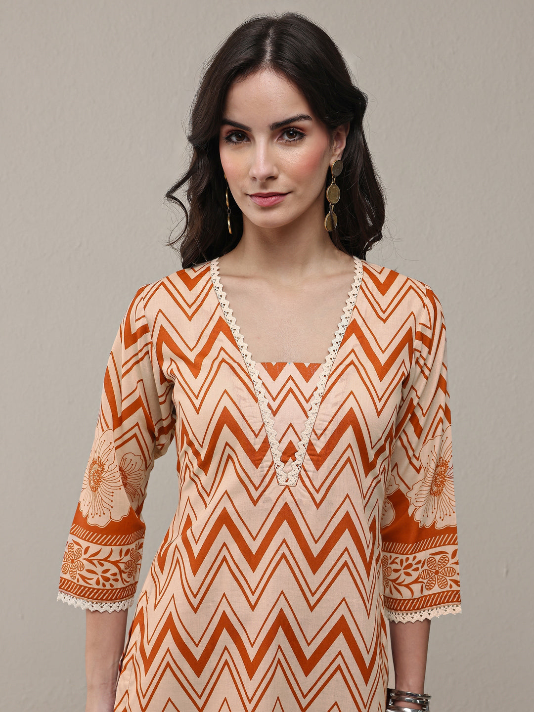  Orange Chevron Printed Cotton Blend Straight Kurta Set 