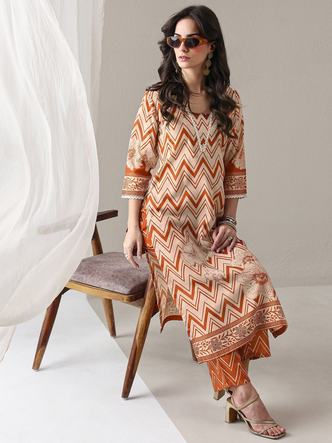  Orange Chevron Printed Cotton Blend Straight Kurta Set 