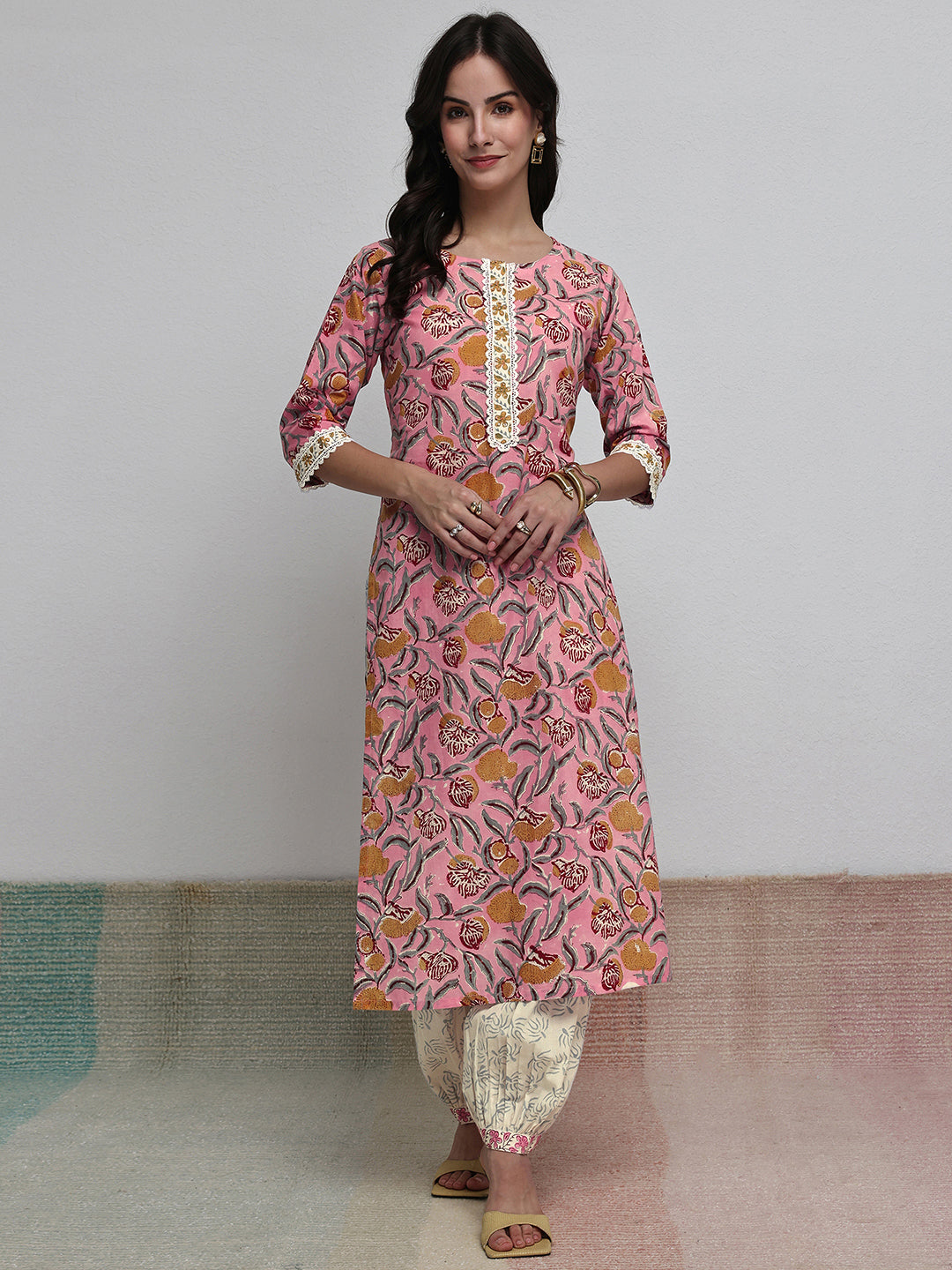  Pink Floral Printed Cotton Straight Kurta Set 
