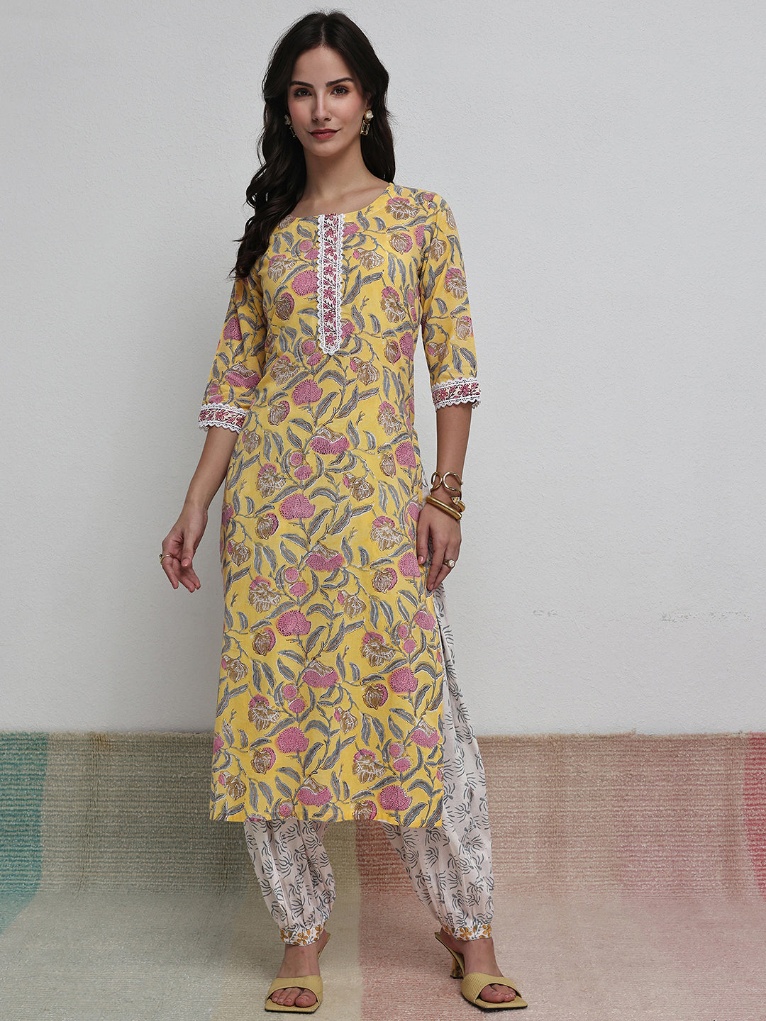  Yellow Floral Printed Cotton Straight Kurta Set 