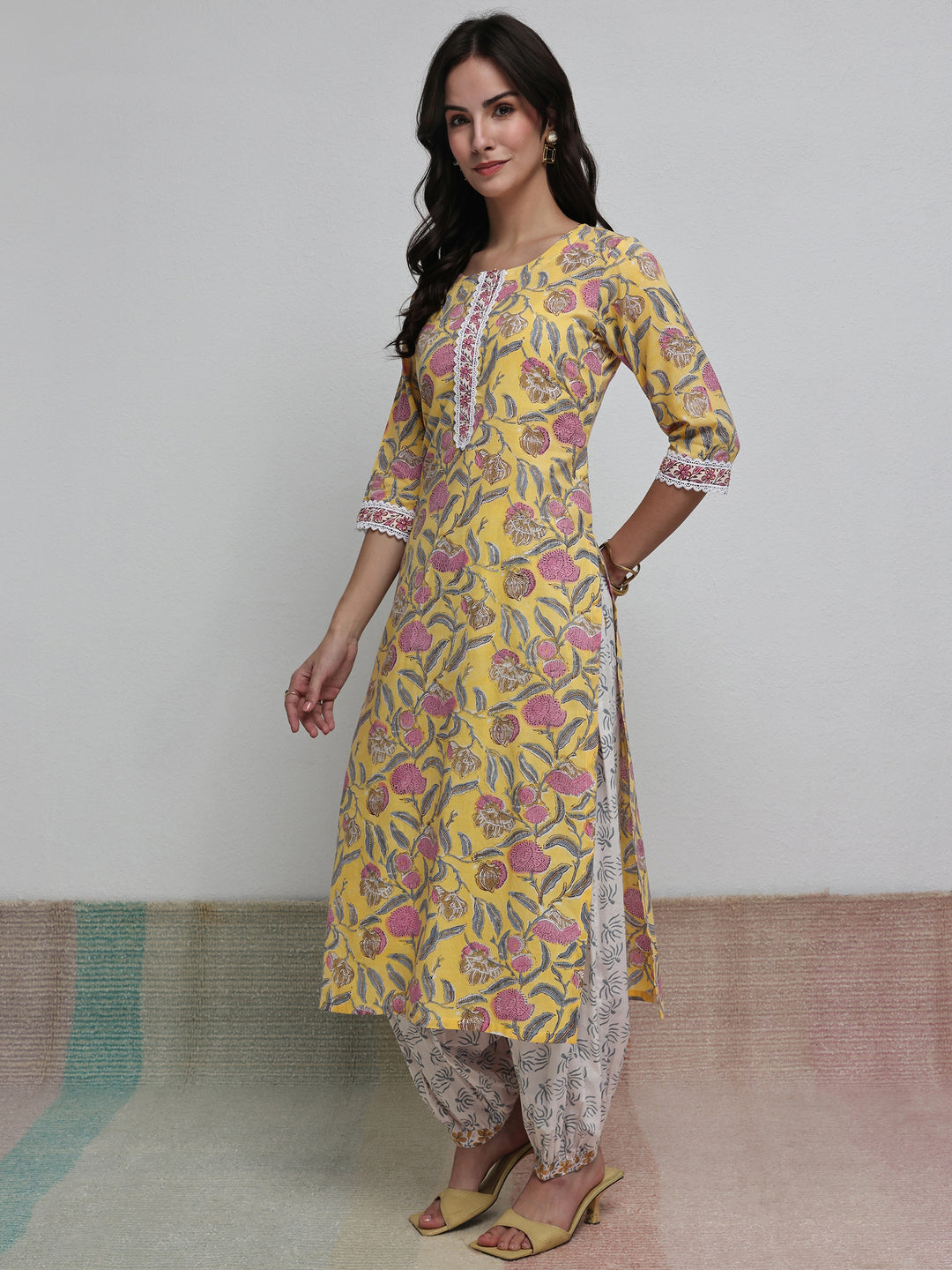  Yellow Floral Printed Cotton Straight Kurta Set 