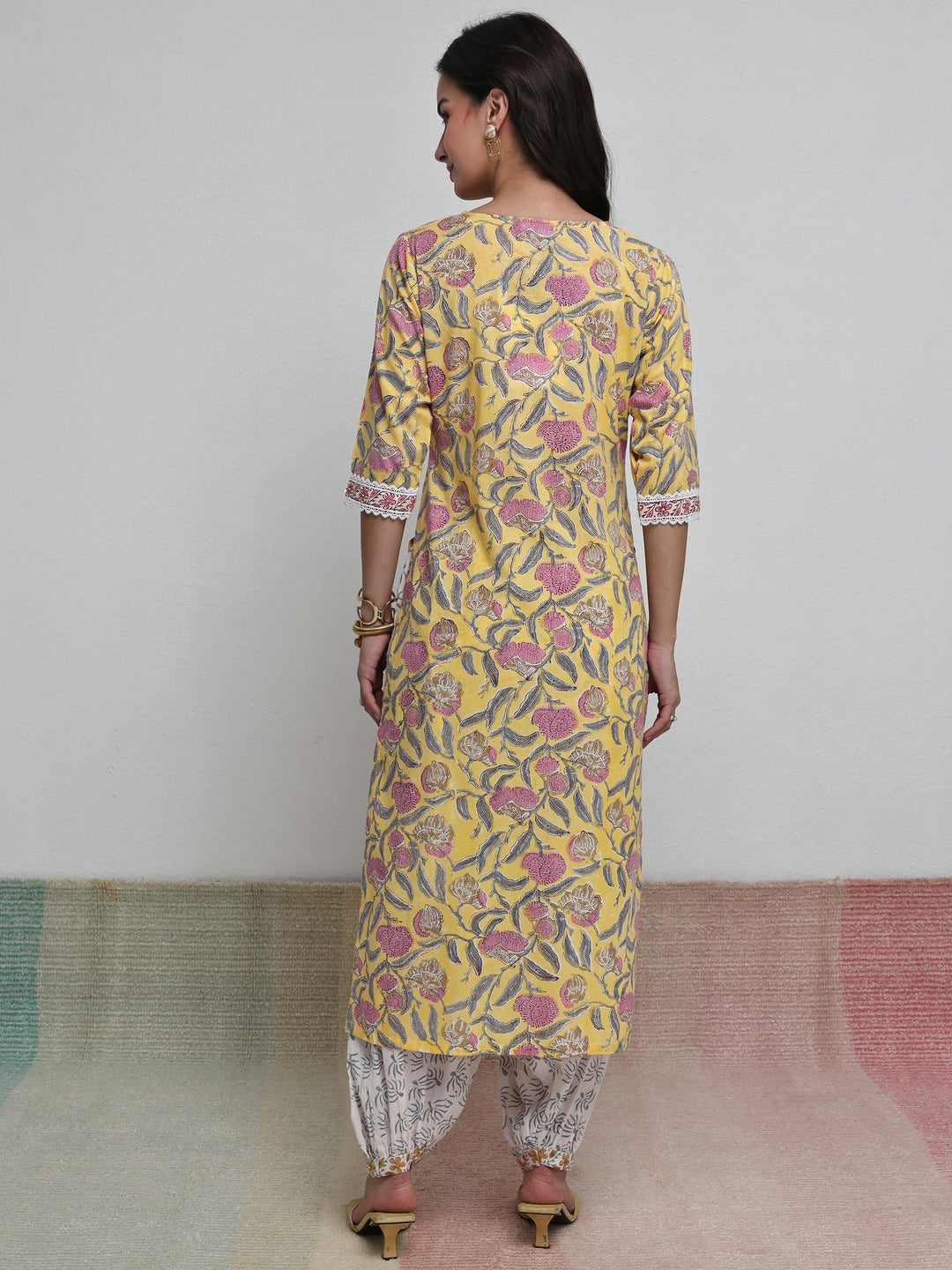  Yellow Floral Printed Cotton Straight Kurta Set 