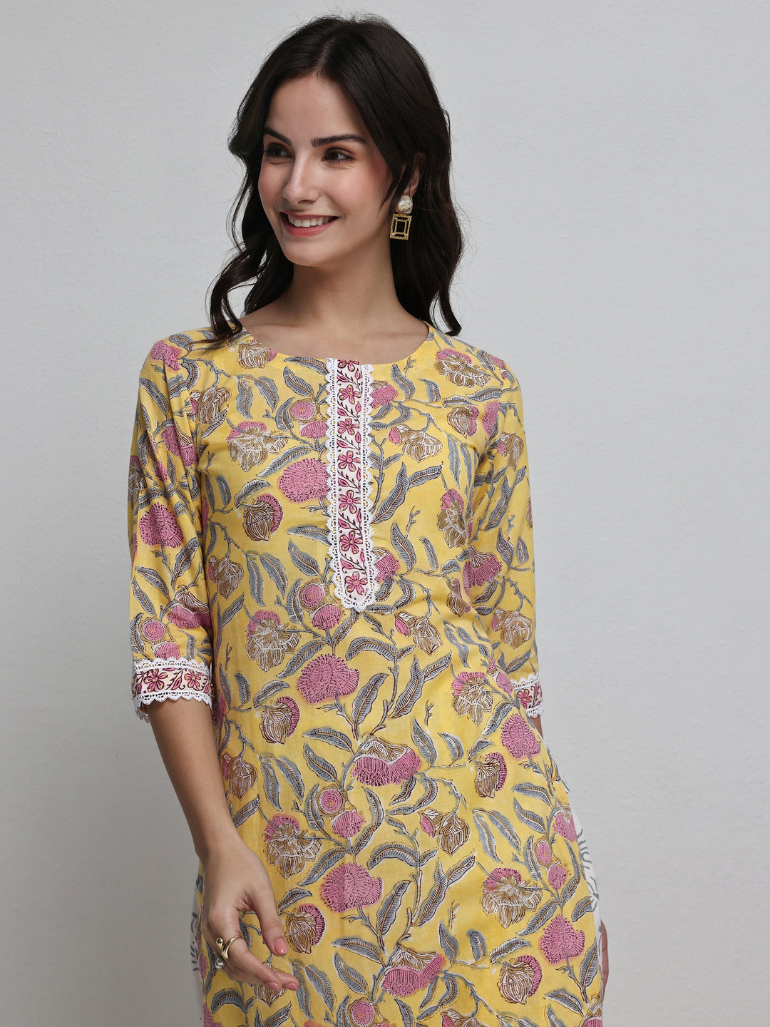  Yellow Floral Printed Cotton Straight Kurta Set 