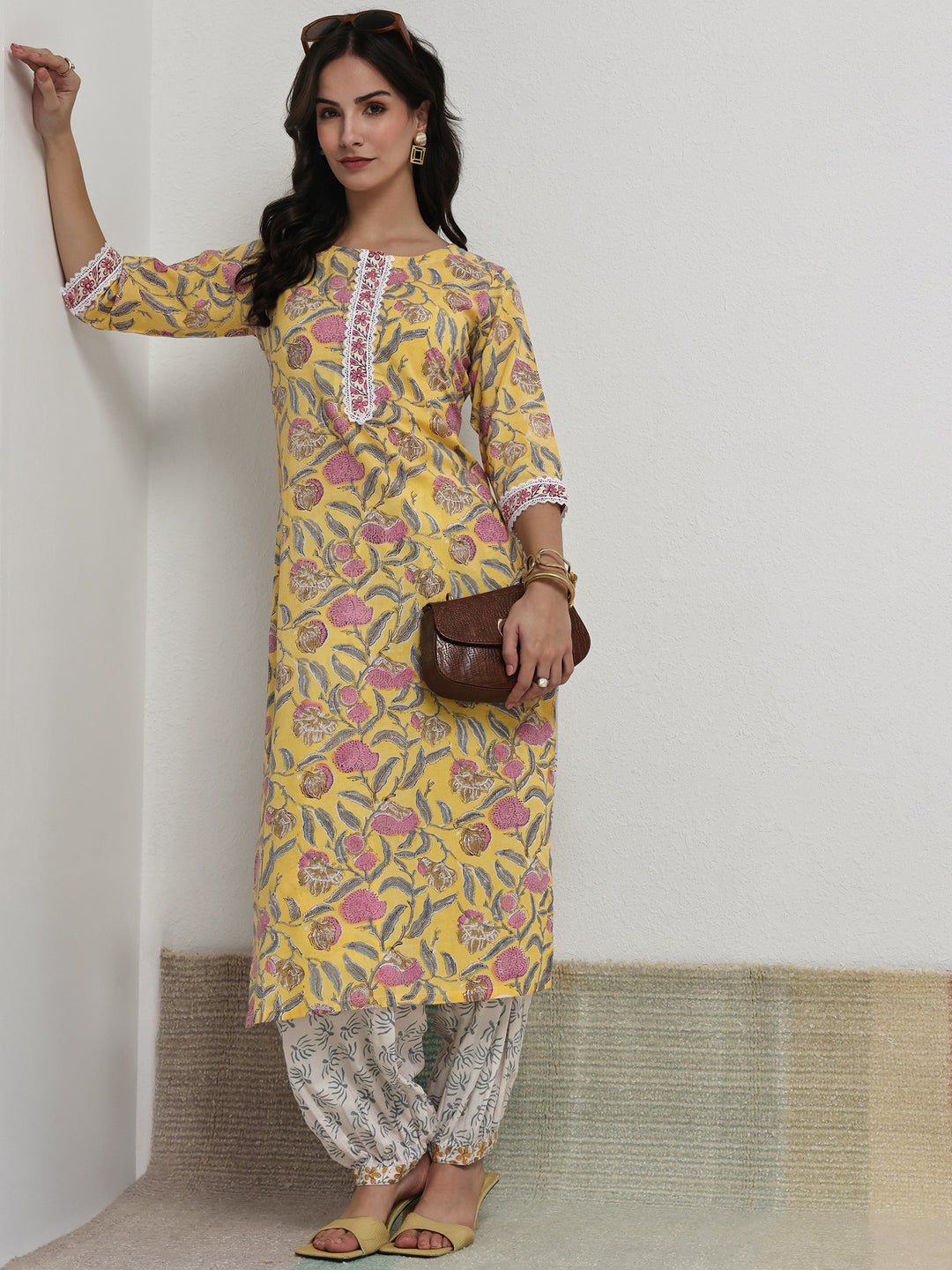  Yellow Floral Printed Cotton Straight Kurta Set 