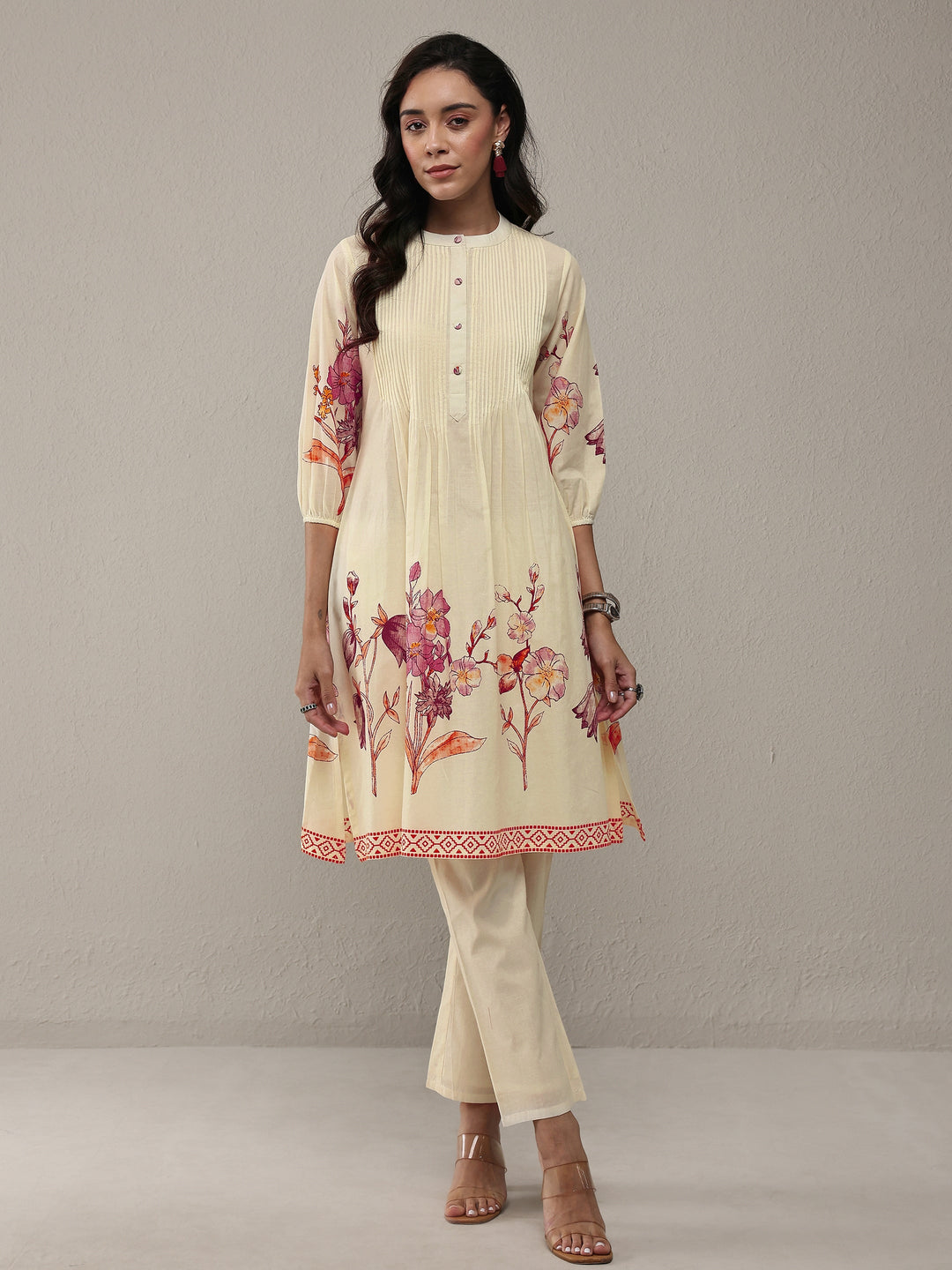 Off White Floral Printed Cotton A-Line Kurta Set 