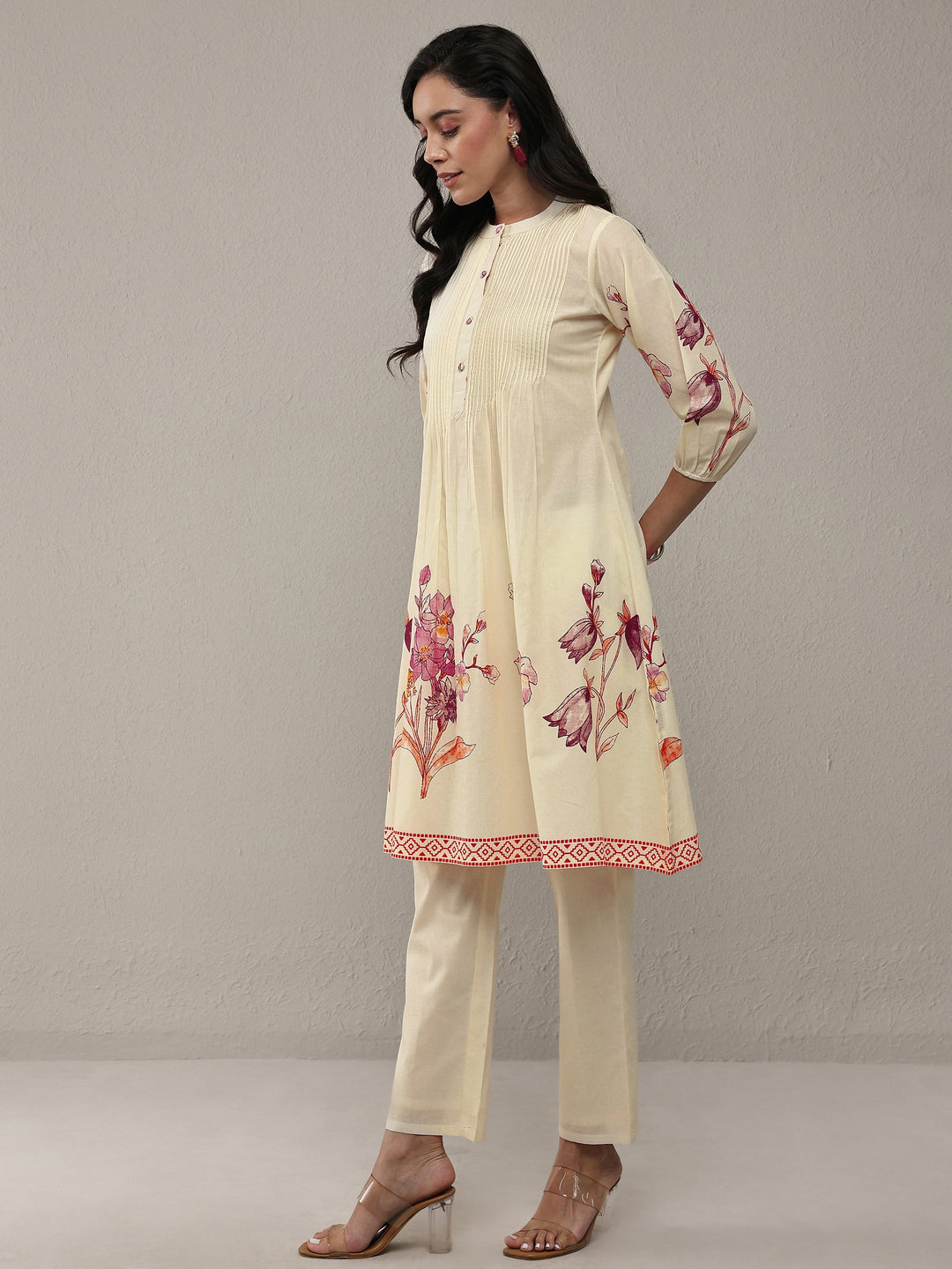  Off White Floral Printed Cotton A-Line Kurta Set 