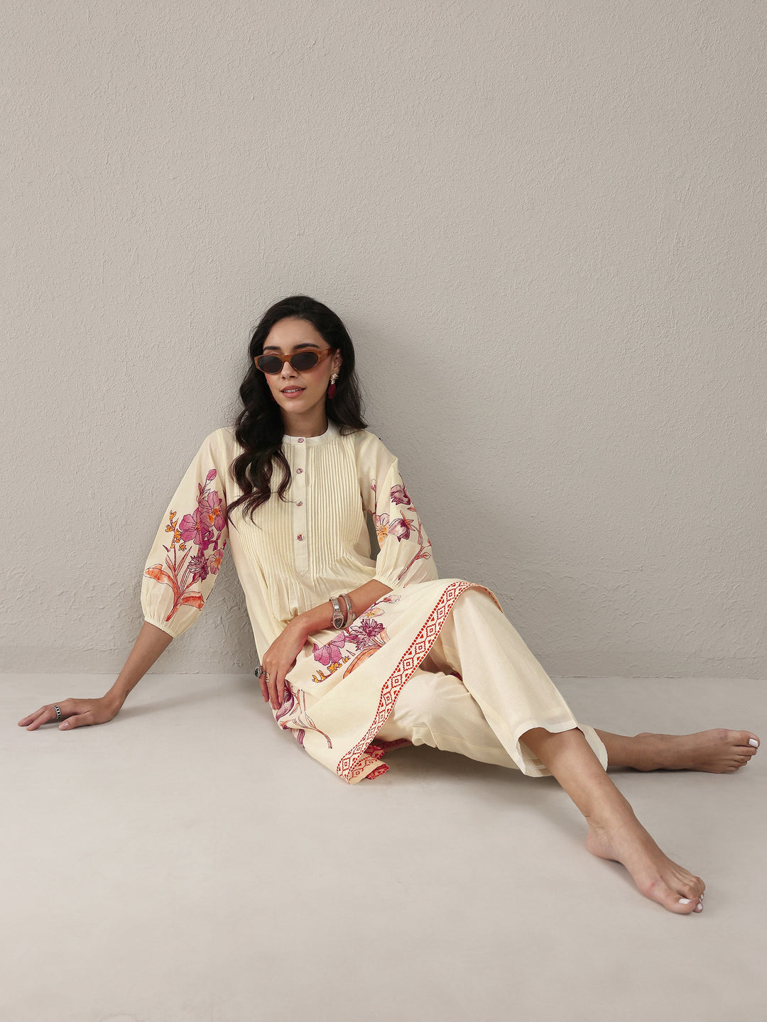  Off White Floral Printed Cotton A-Line Kurta Set 