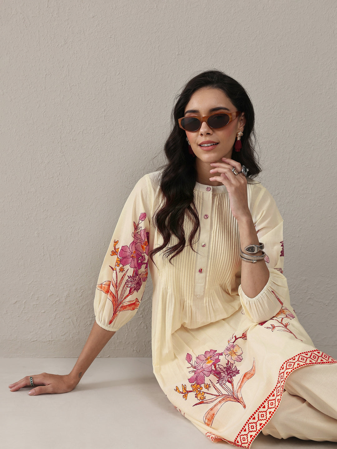  Off White Floral Printed Cotton A-Line Kurta Set 