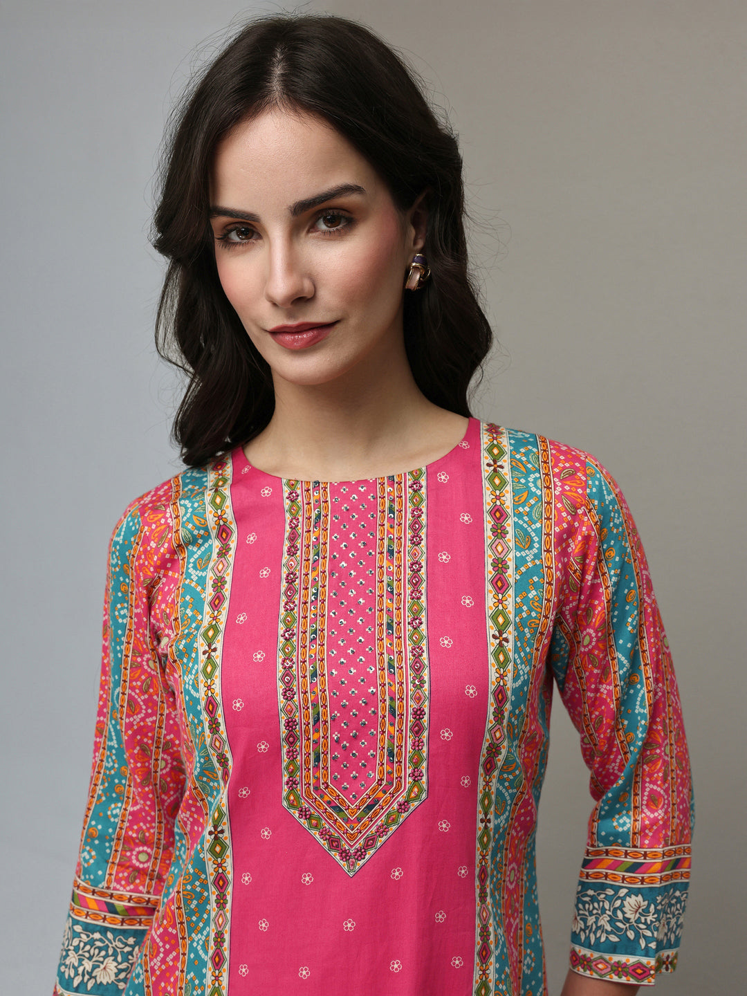  Multi Bandhani  Printed Cotton Straight Kurta Set 