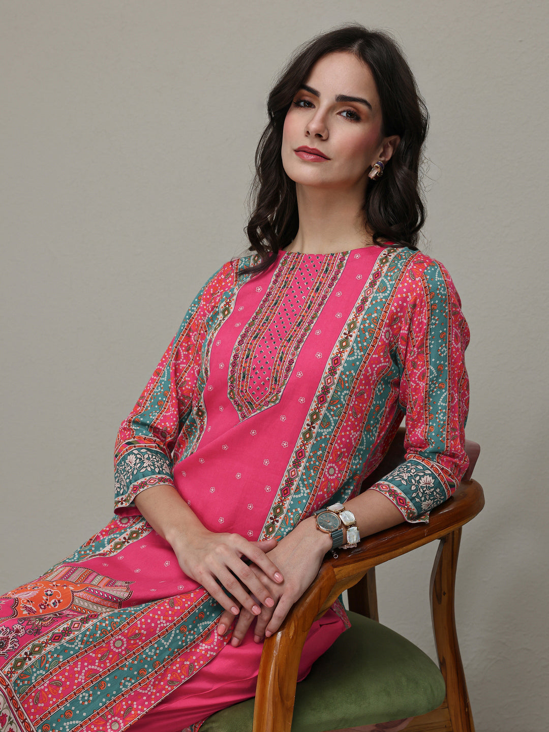  Multi Bandhani  Printed Cotton Straight Kurta Set 