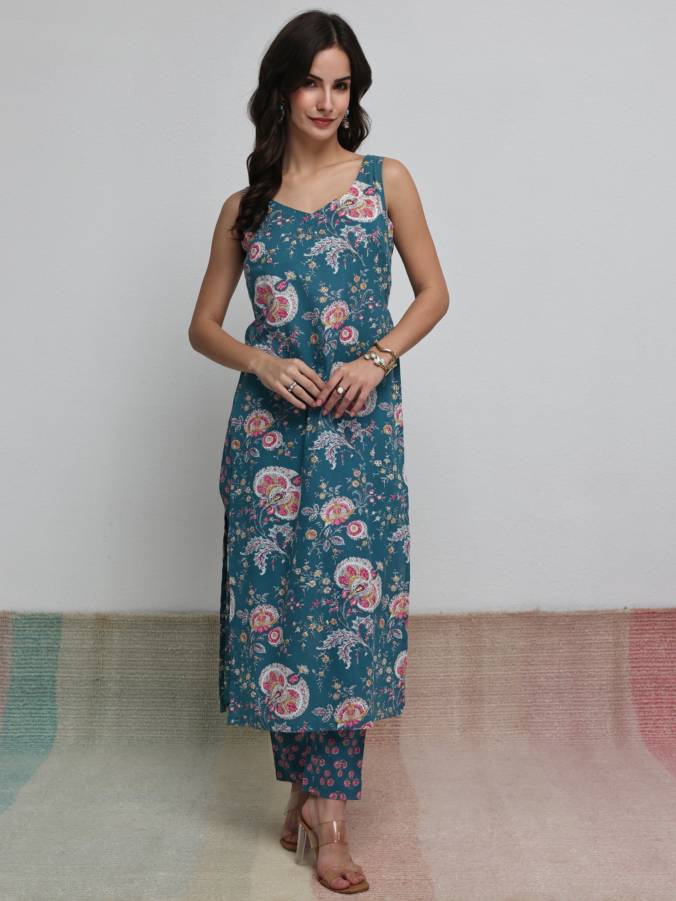 libas Teal Floral Printed Cotton Straight Kurta Set-picture-24