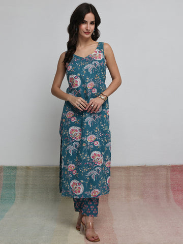Teal Floral Printed Cotton Straight Kurta Set
