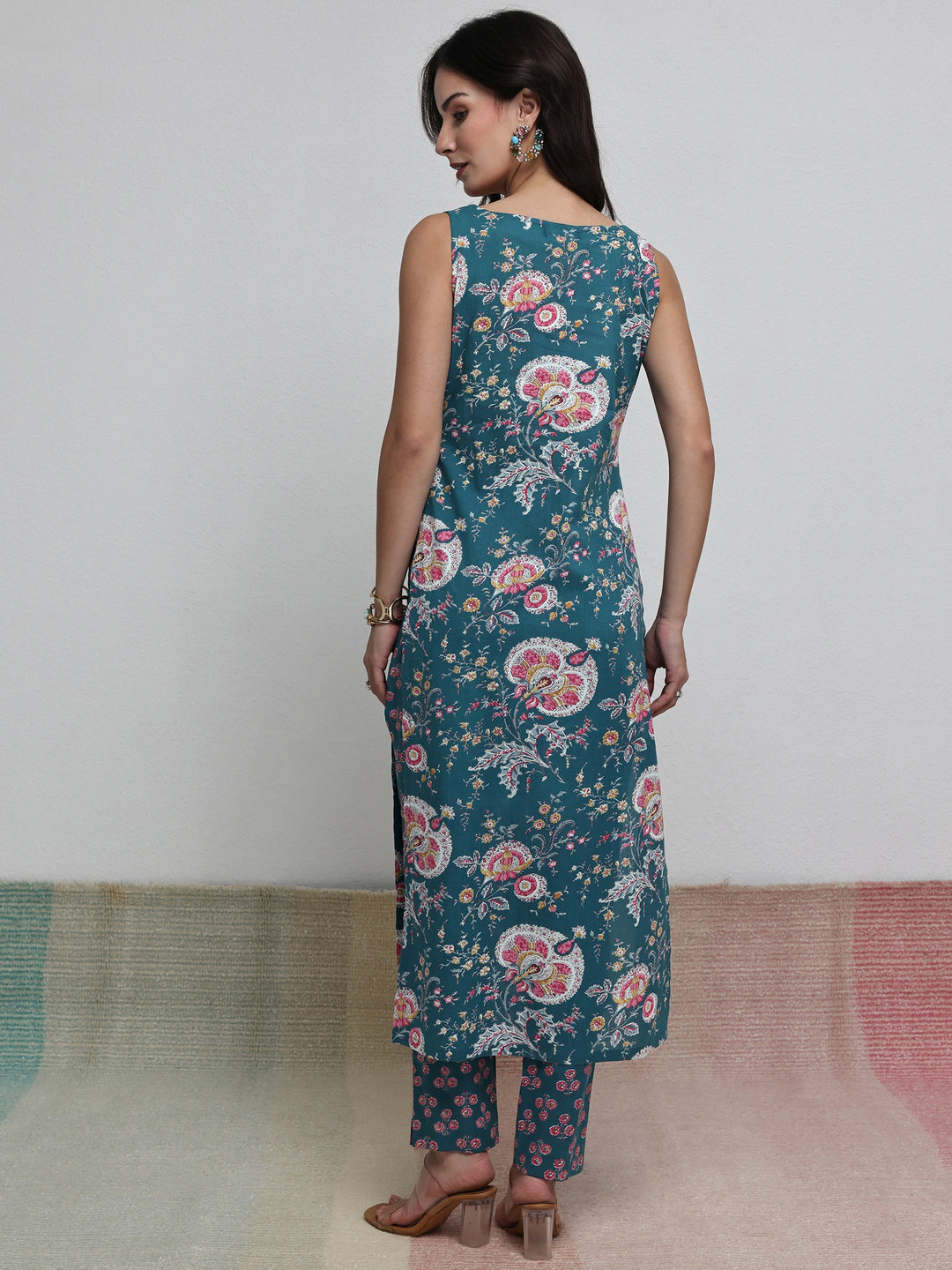  Teal Floral Printed Cotton Straight Kurta Set 