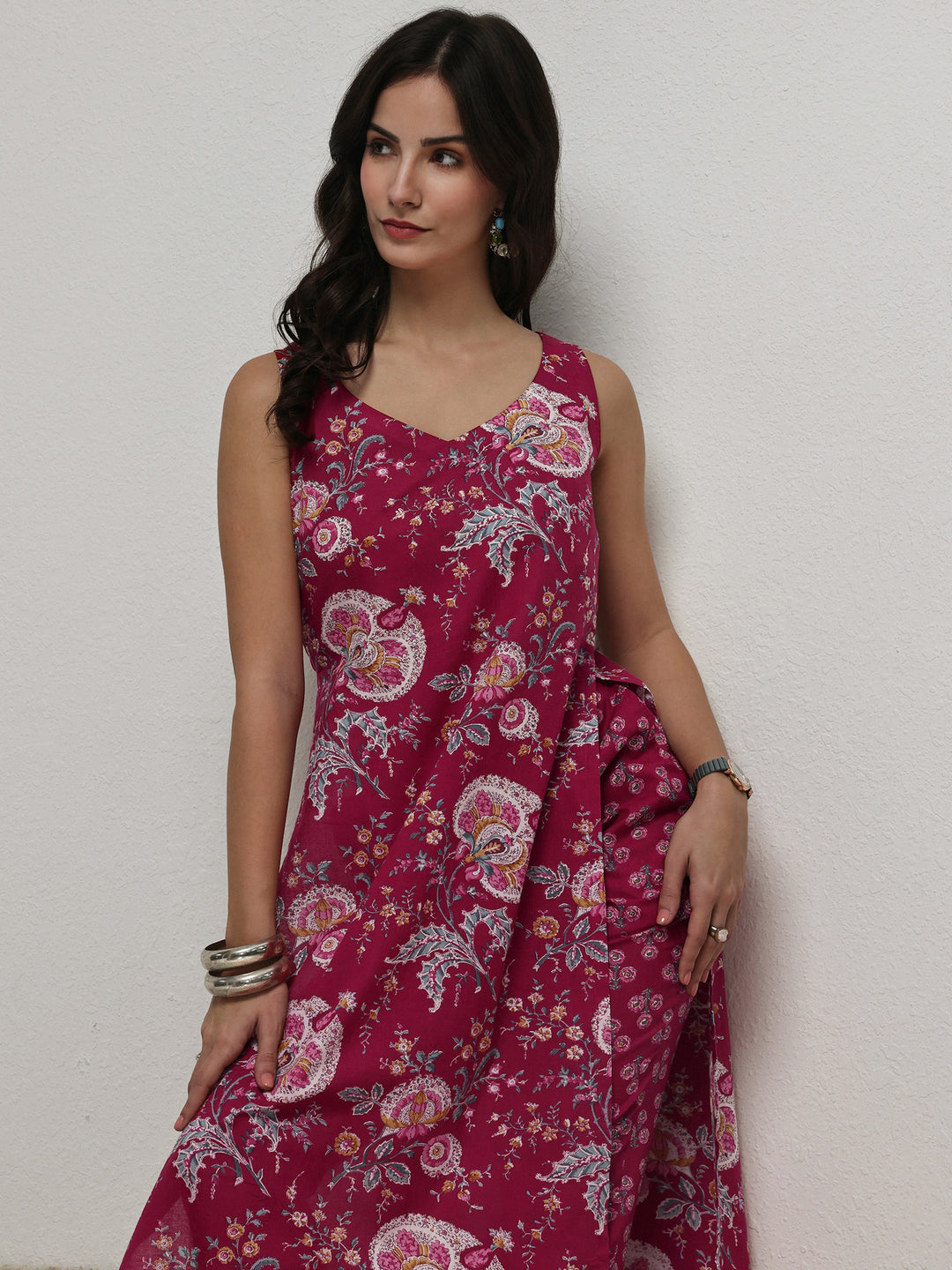  Red Floral Printed Cotton Straight Kurta Set 
