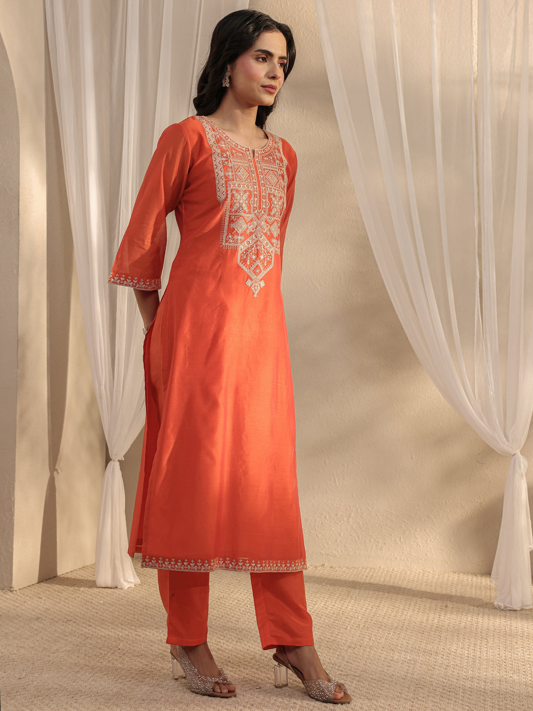 Orange Ethnic Embroidered Chanderi Silk Straight Suit Set With Dupatta 