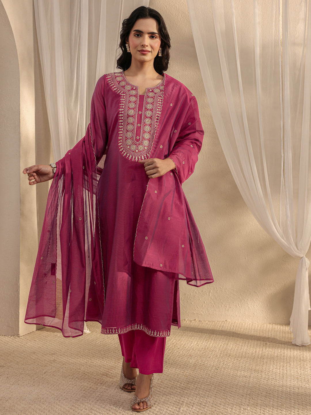  Wine Ethnic Embroidered Chanderi Silk Straight Suit Set With Dupatta 