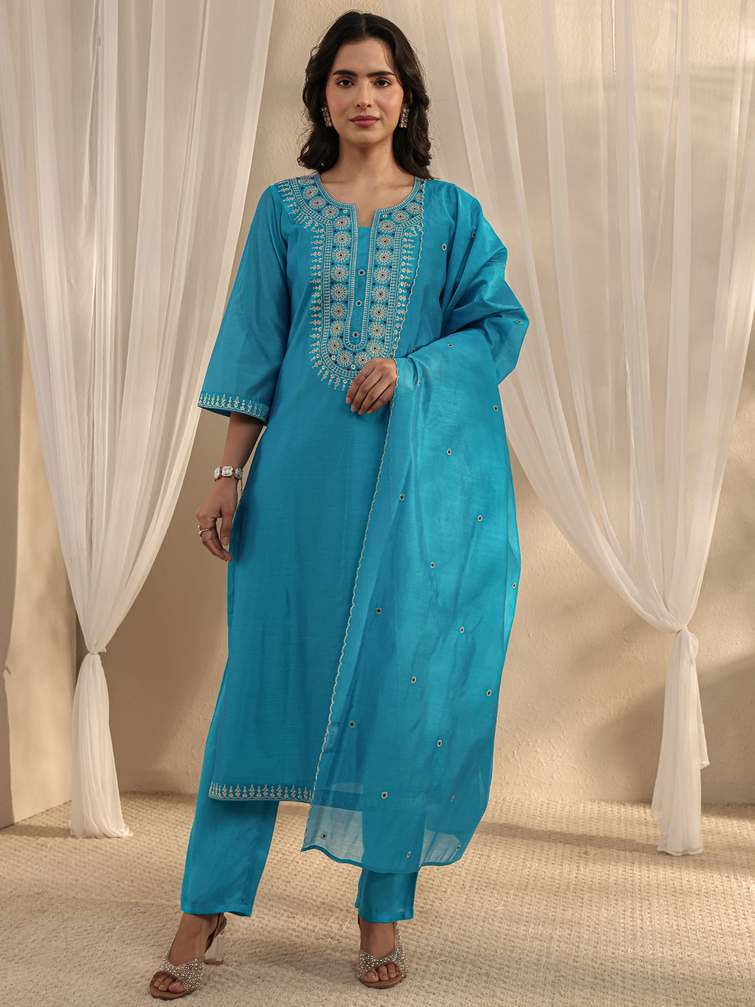  Blue Ethnic Embroidered Chanderi Silk Straight Suit Set With Dupatta 