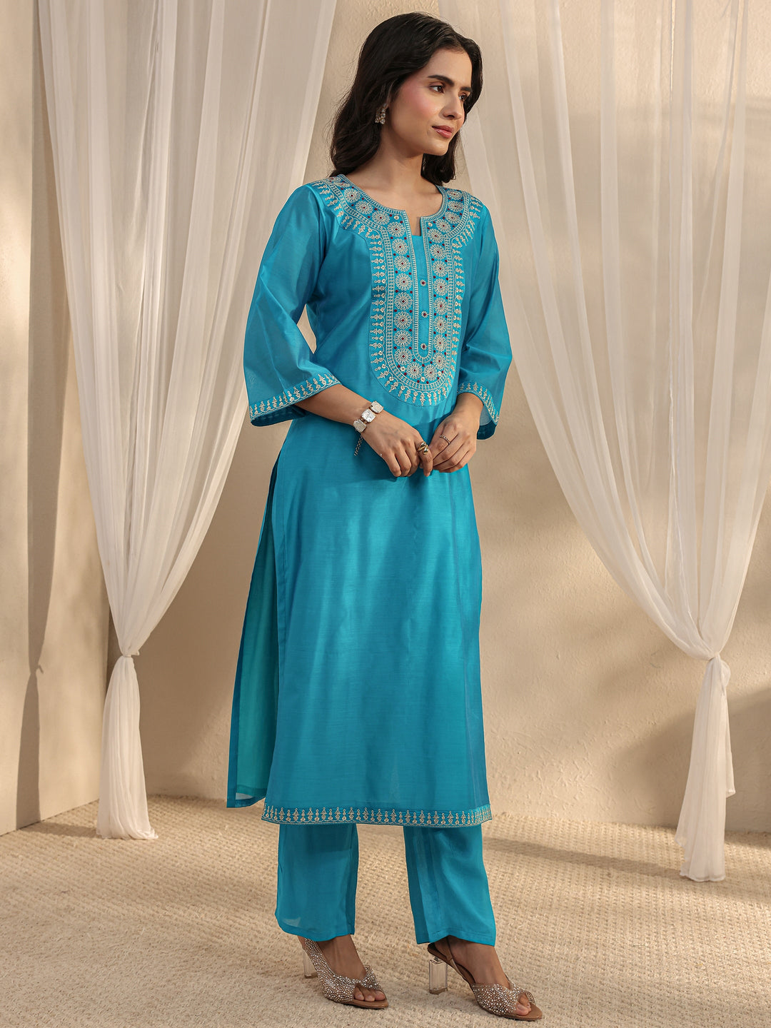  Blue Ethnic Embroidered Chanderi Silk Straight Suit Set With Dupatta 