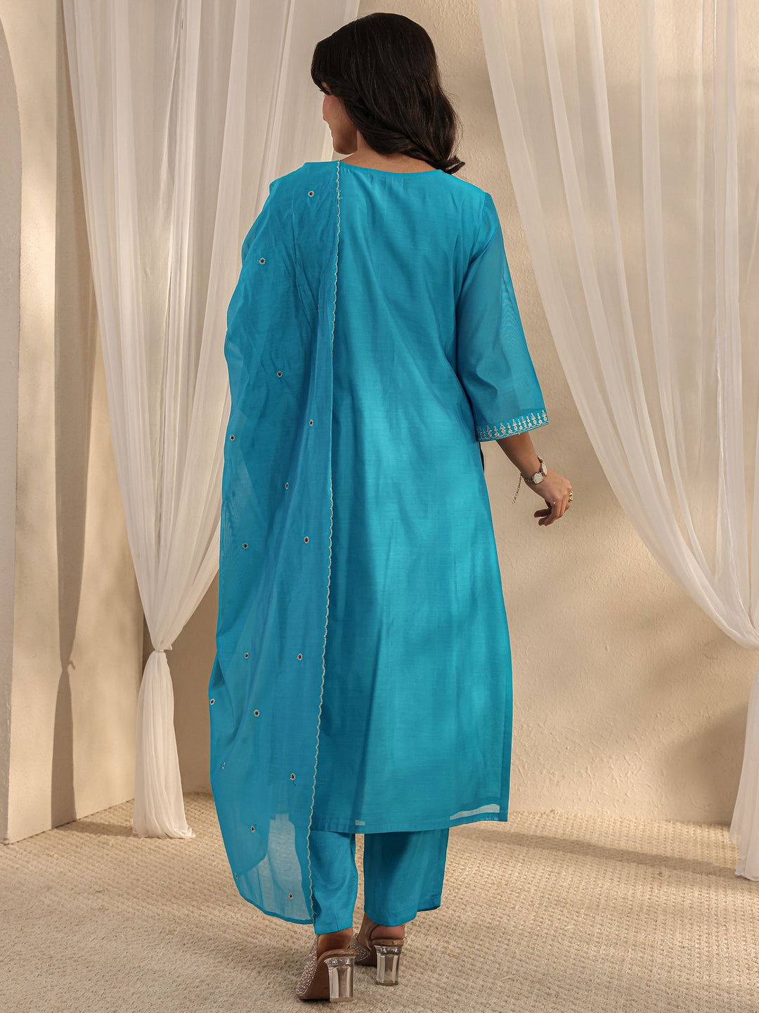  Blue Ethnic Embroidered Chanderi Silk Straight Suit Set With Dupatta 