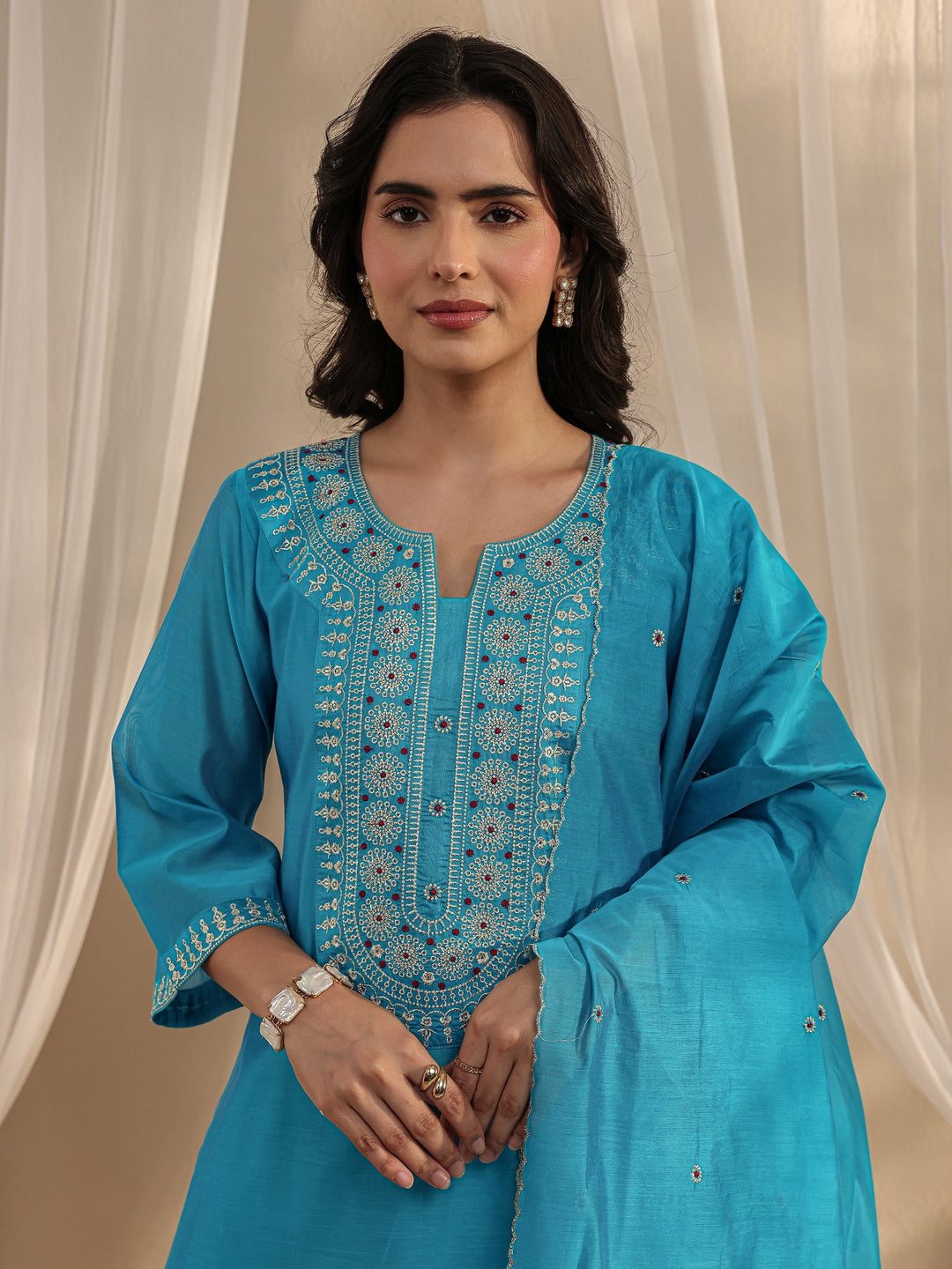  Blue Ethnic Embroidered Chanderi Silk Straight Suit Set With Dupatta 