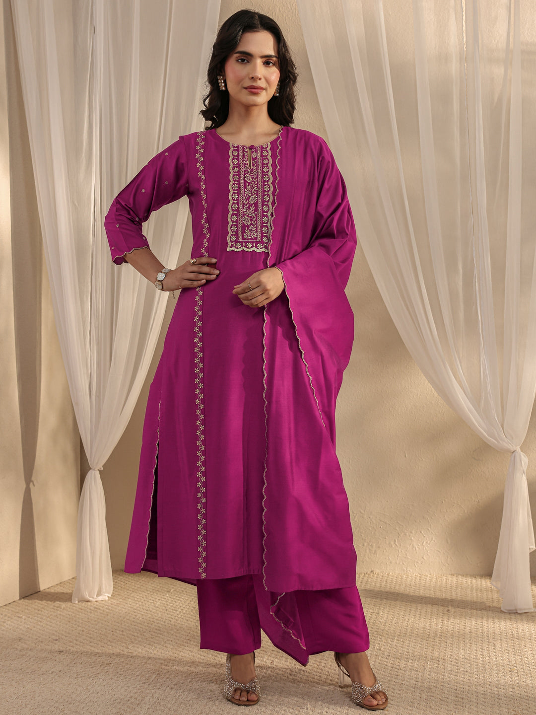  Burgundy Ethnic Embroidered Chanderi Silk Straight Suit Set With Dupatta 