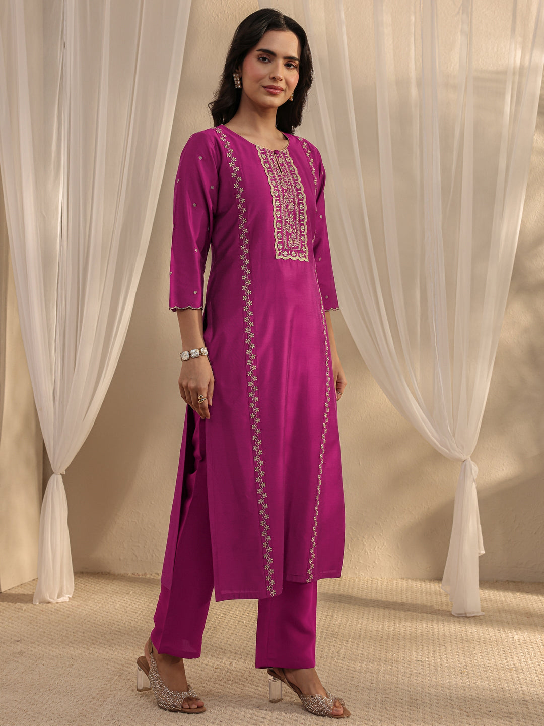  Burgundy Ethnic Embroidered Chanderi Silk Straight Suit Set With Dupatta 