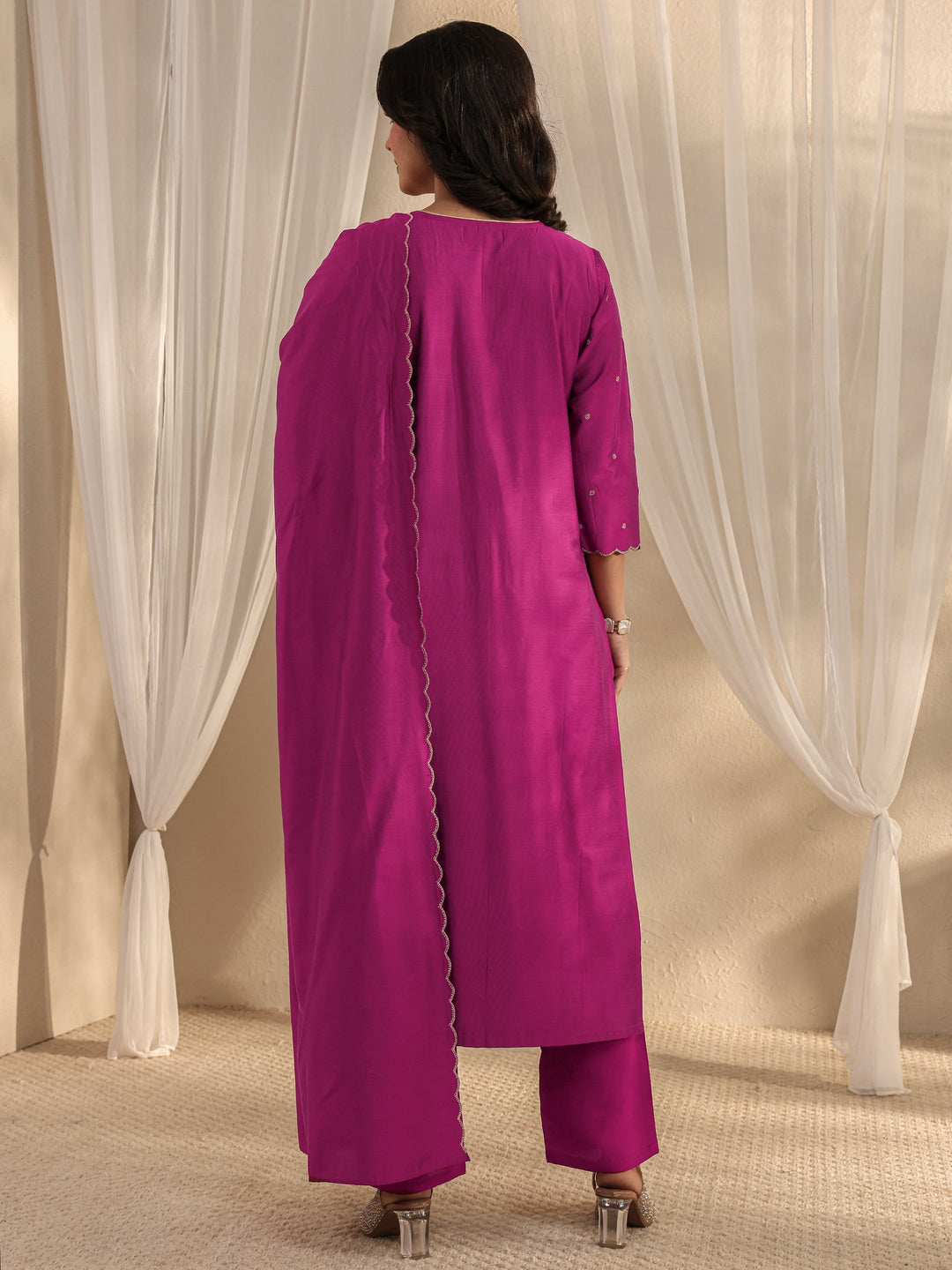 Burgundy Ethnic Embroidered Chanderi Silk Straight Suit Set With Dupatta 