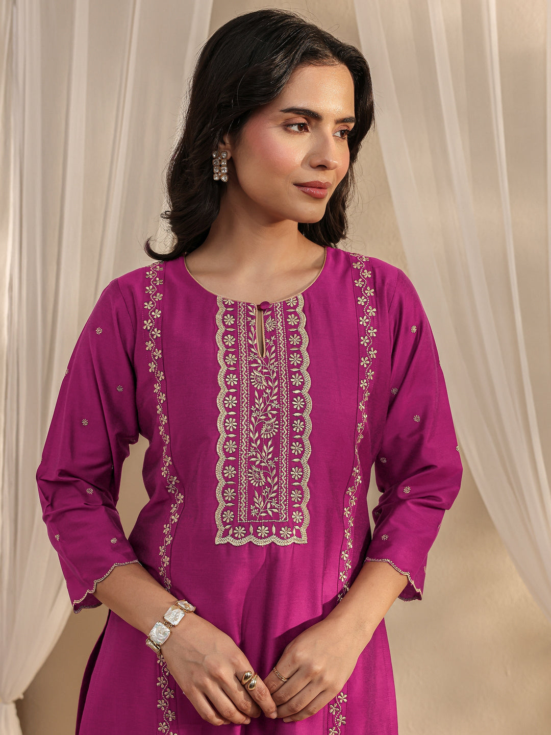  Burgundy Ethnic Embroidered Chanderi Silk Straight Suit Set With Dupatta 
