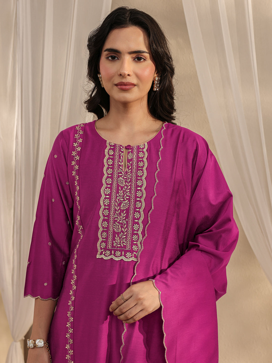  Burgundy Ethnic Embroidered Chanderi Silk Straight Suit Set With Dupatta 