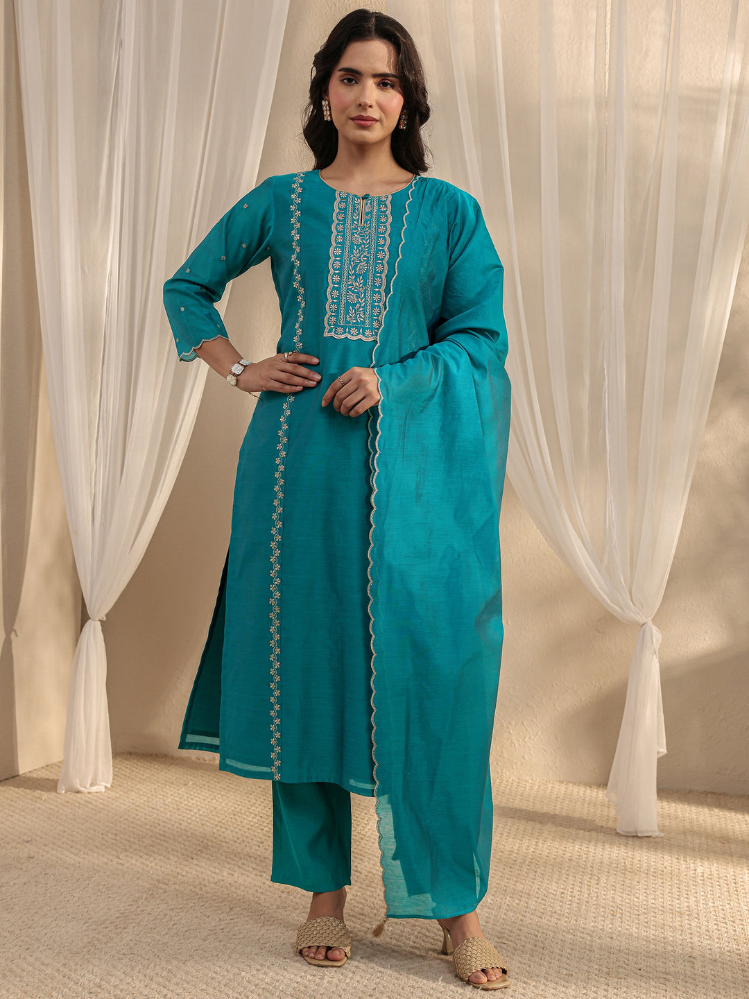  Teal Ethnic Embroidered Chanderi Silk Straight Suit Set With Dupatta 